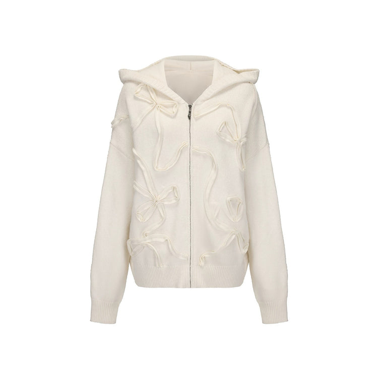 Hooded Braided Bow Knit Cardigan