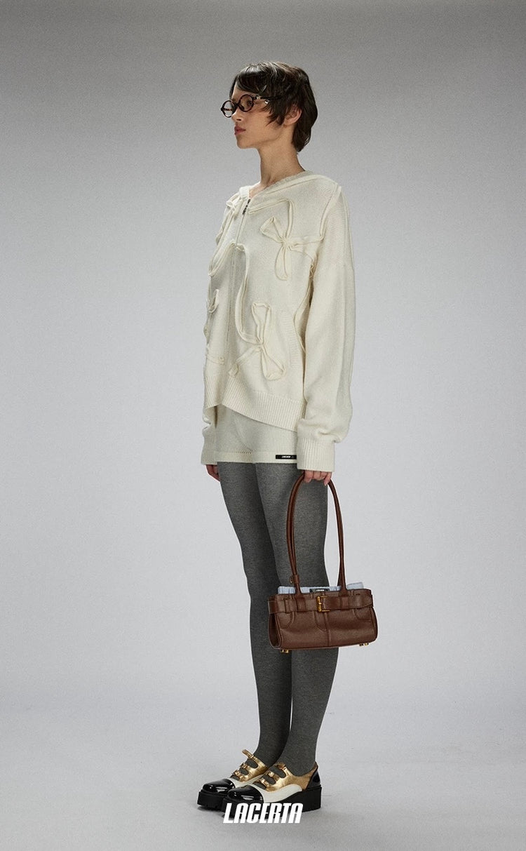 Hooded Braided Bow Knit Cardigan