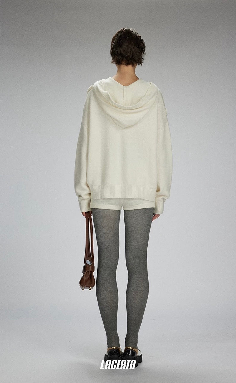 Hooded Braided Bow Knit Cardigan