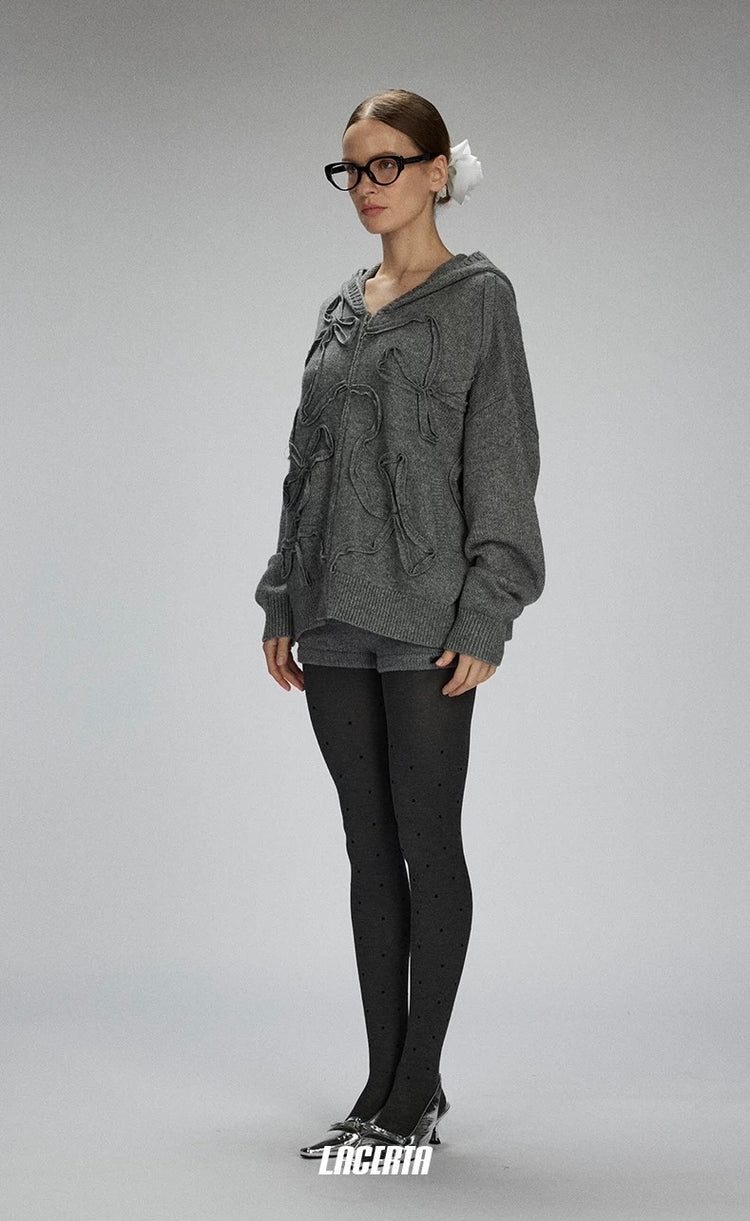 Hooded Braided Bow Knit Cardigan