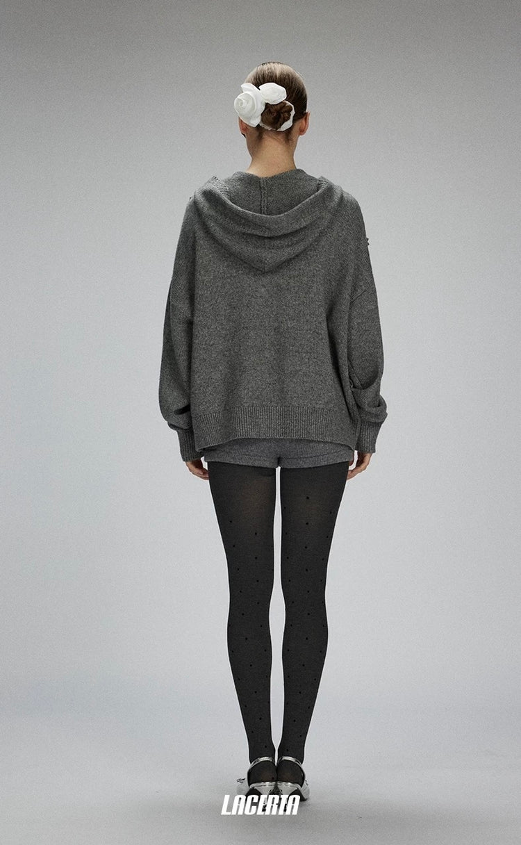 Hooded Braided Bow Knit Cardigan
