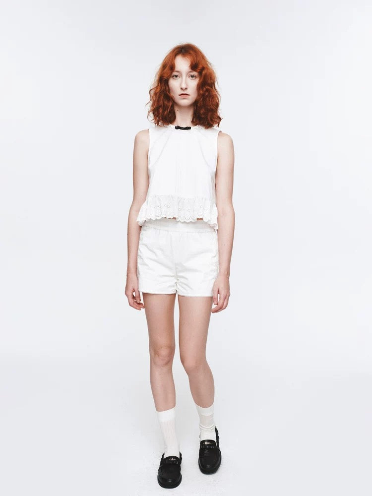 Bow-Decorated Sleeveless Lace Cutout Top