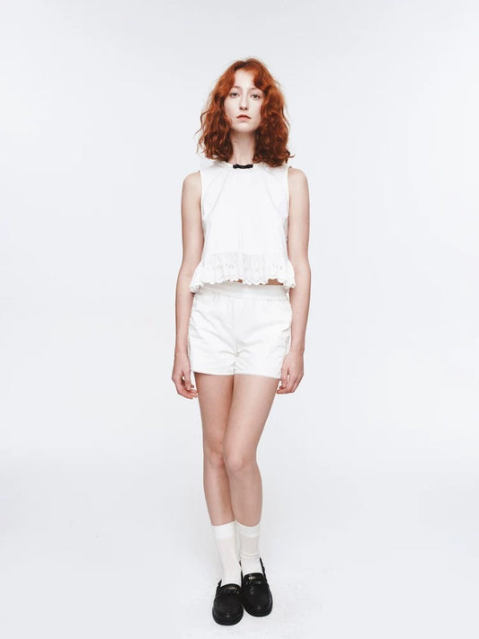 Bow-Decorated Sleeveless Lace Cutout Top