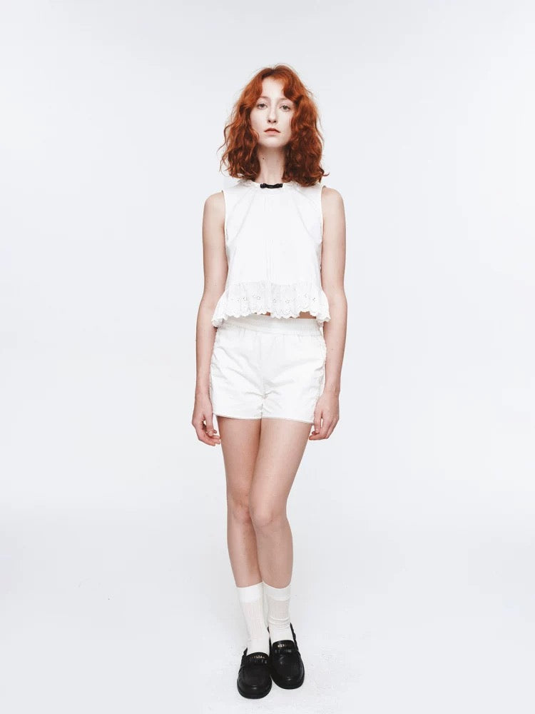 Bow-Decorated Sleeveless Lace Cutout Top