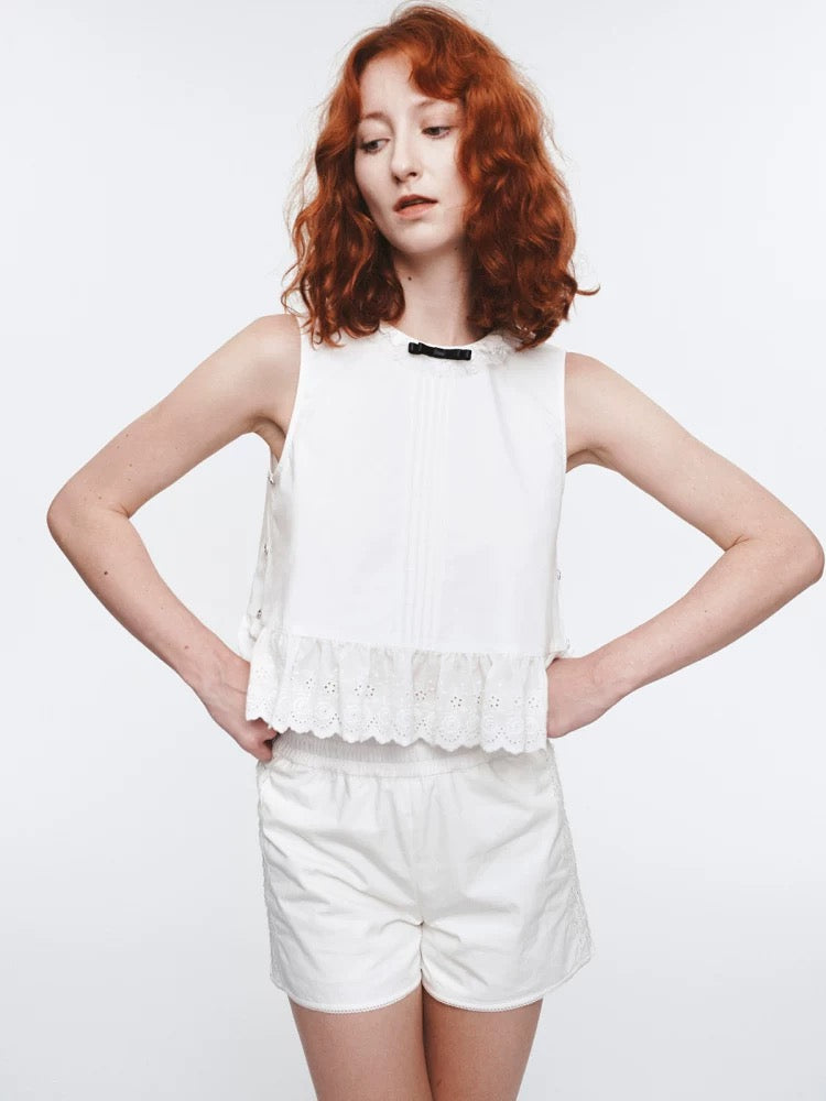 Bow-Decorated Sleeveless Lace Cutout Top