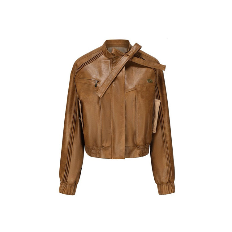 Bow Pleated Leather Jacket