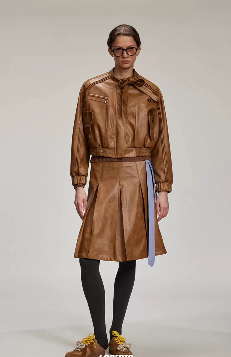 Bow Pleated Leather Jacket