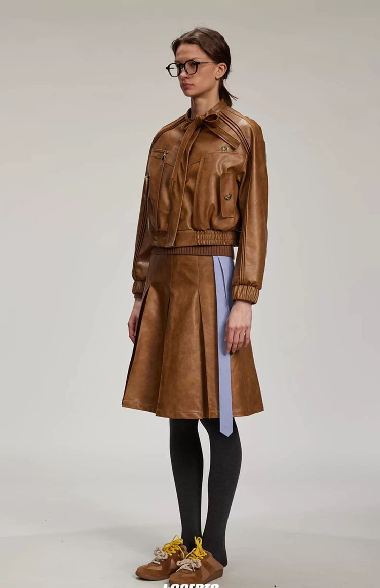 Bow Pleated Leather Jacket