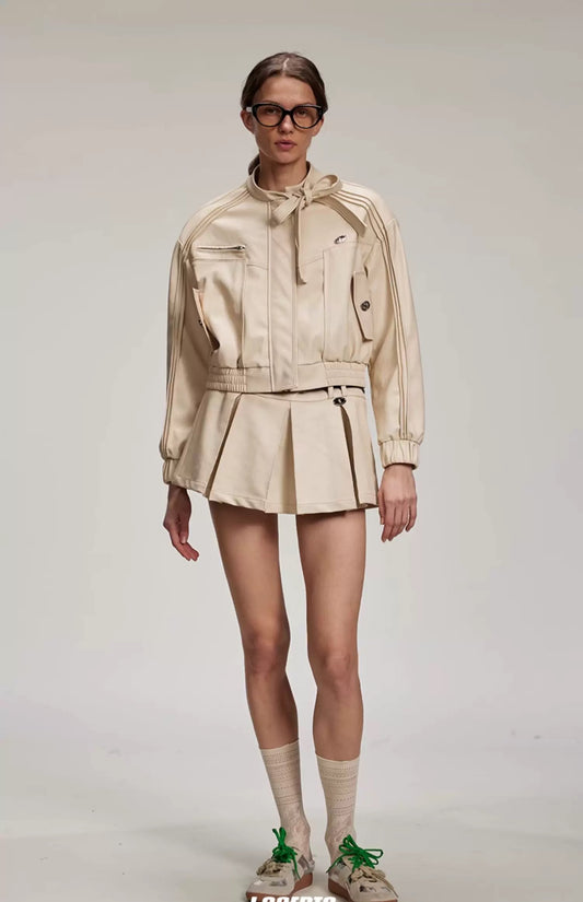 Bow Pleated Leather Jacket