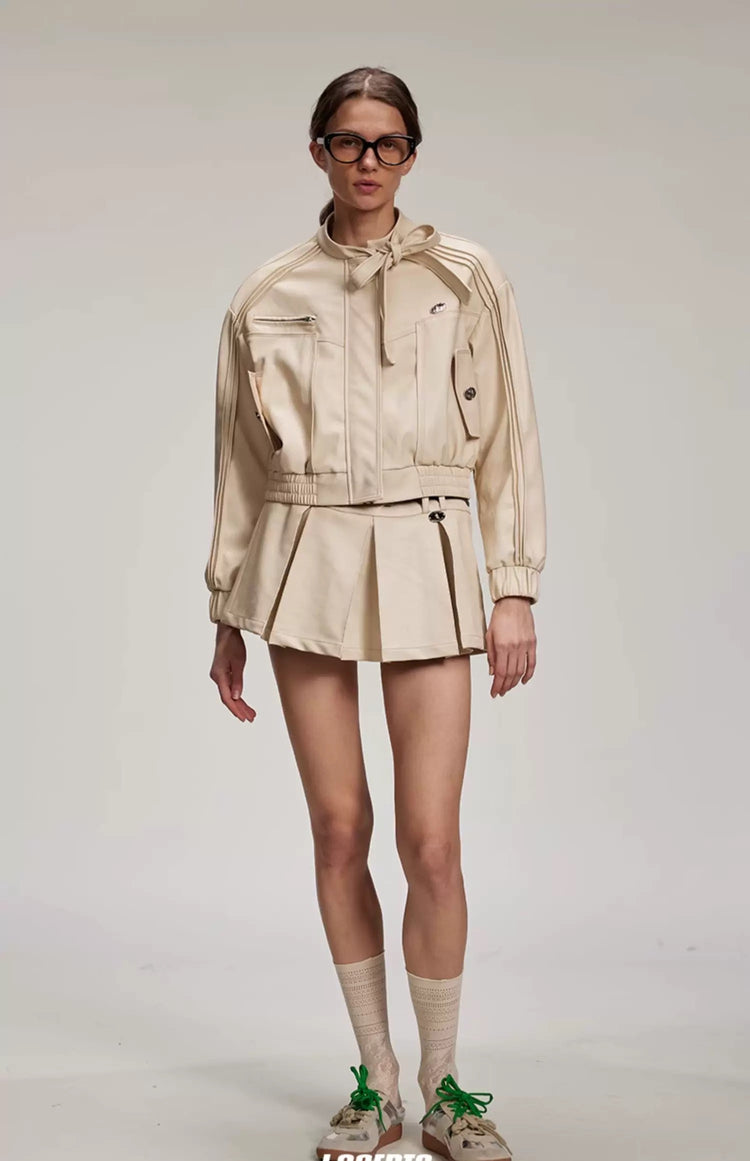 Bow Pleated Leather Jacket