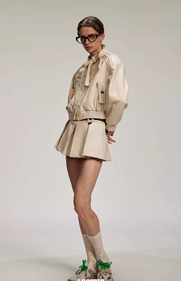 Bow Pleated Leather Jacket