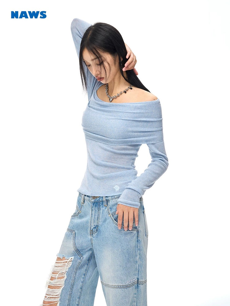 Fascination - Asymmetrical-neck Relaxed Knit Top