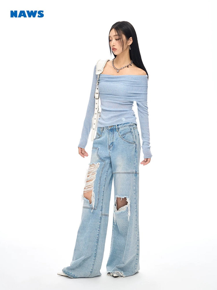 Fascination - Asymmetrical-neck Relaxed Knit Top
