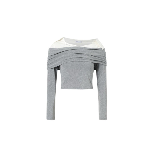 Shirt Collar Patchwork One-Shoulder Top