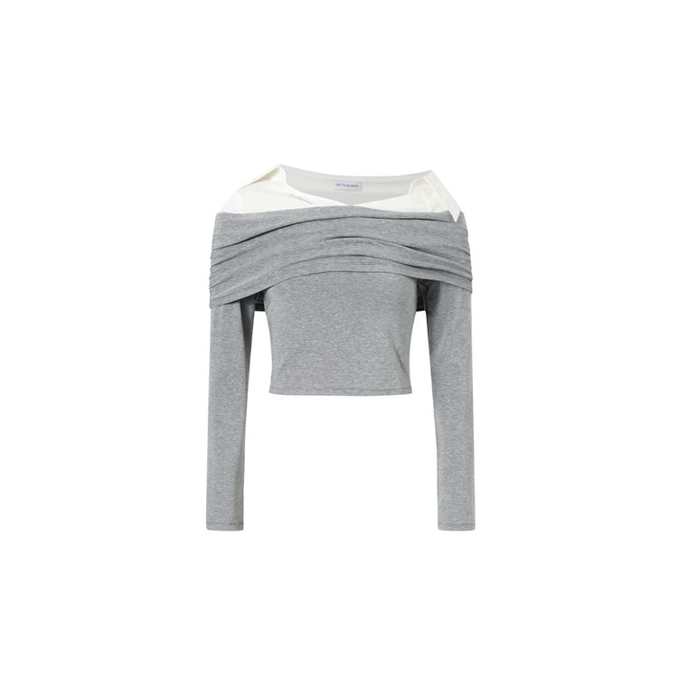 Shirt Collar Patchwork One-Shoulder Top