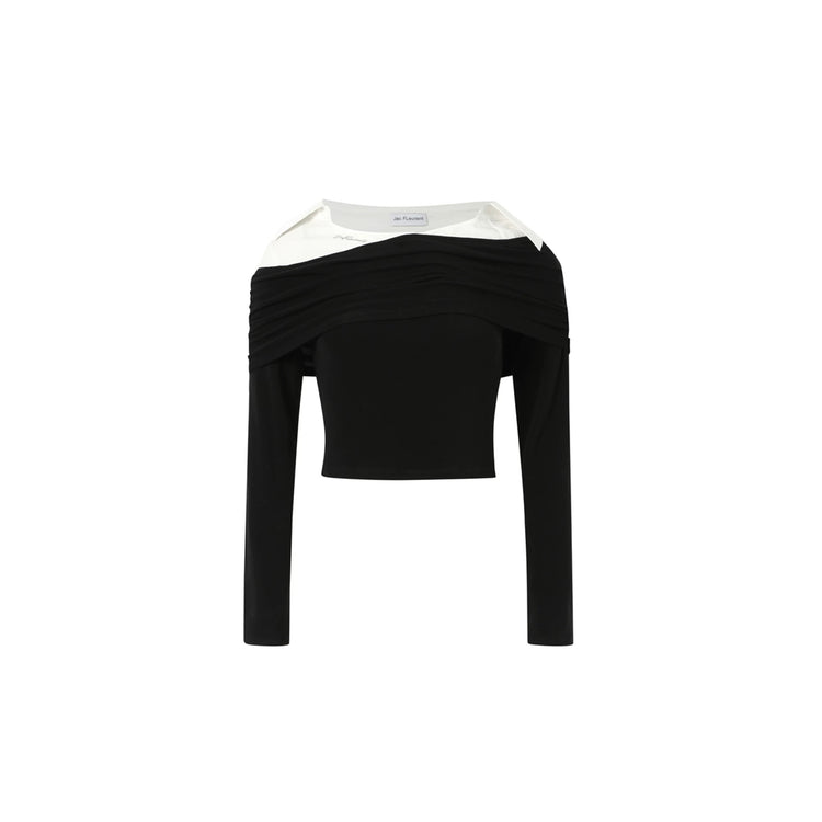 Shirt Collar Patchwork One-Shoulder Top