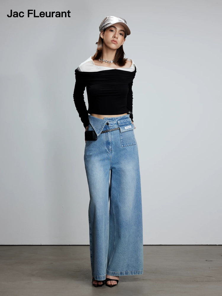 Shirt Collar Patchwork One-Shoulder Top