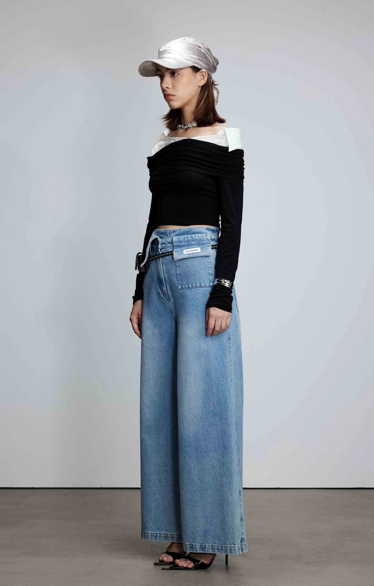 Shirt Collar Patchwork One-Shoulder Top