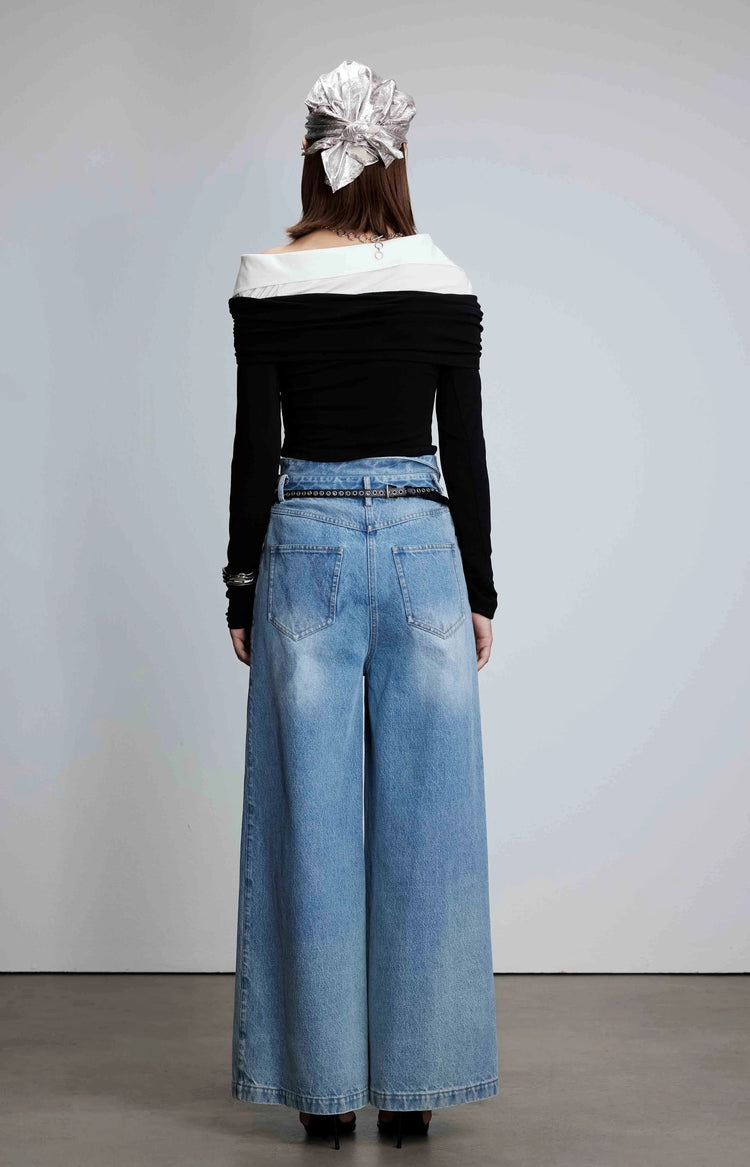 Shirt Collar Patchwork One-Shoulder Top