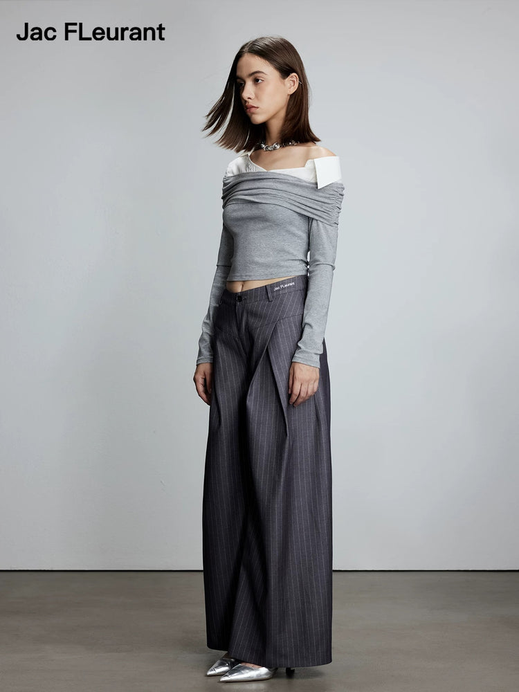 Shirt Collar Patchwork One-Shoulder Top