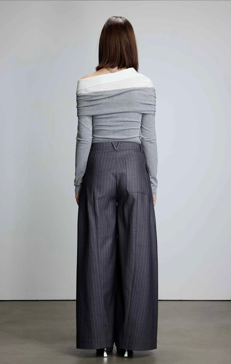 Shirt Collar Patchwork One-Shoulder Top