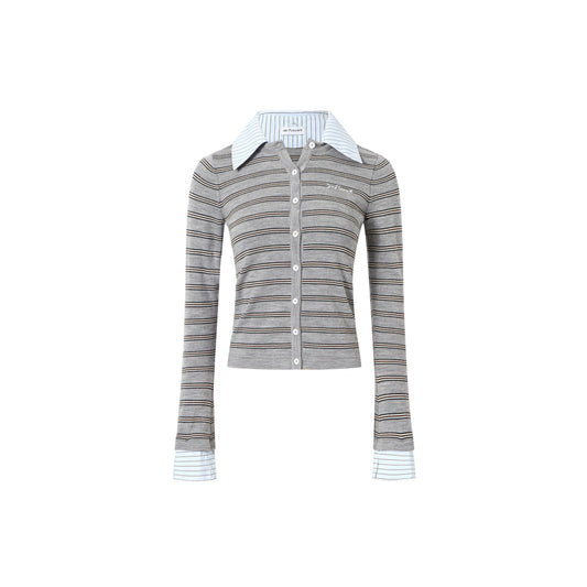 Shirt Collar and Denim Collar Patchwork Cardigan