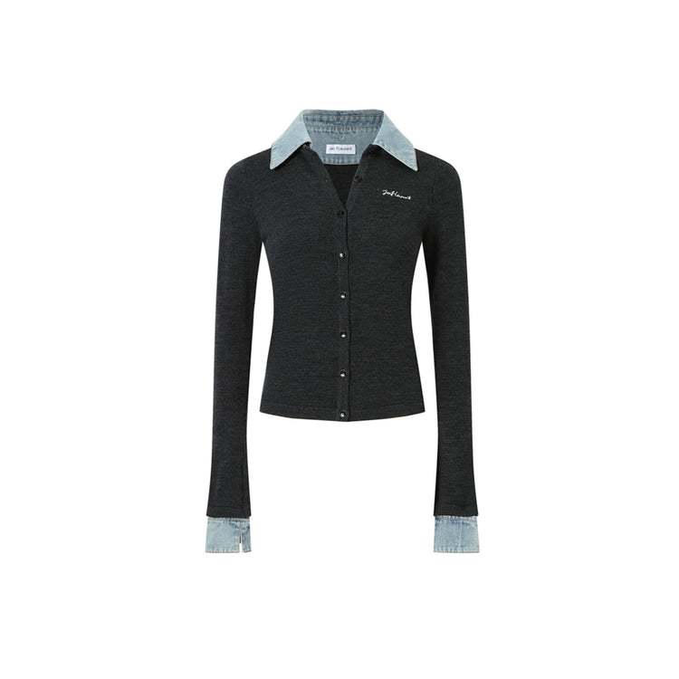 Shirt Collar and Denim Collar Patchwork Cardigan