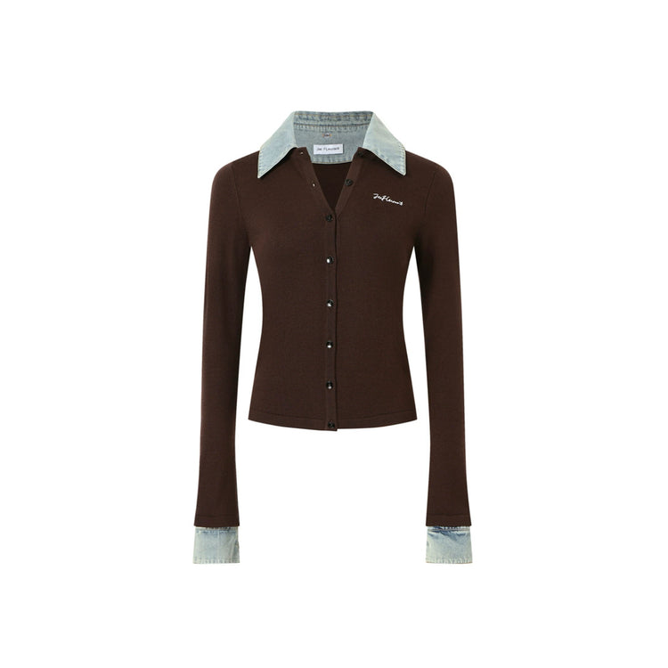 Shirt Collar and Denim Collar Patchwork Cardigan