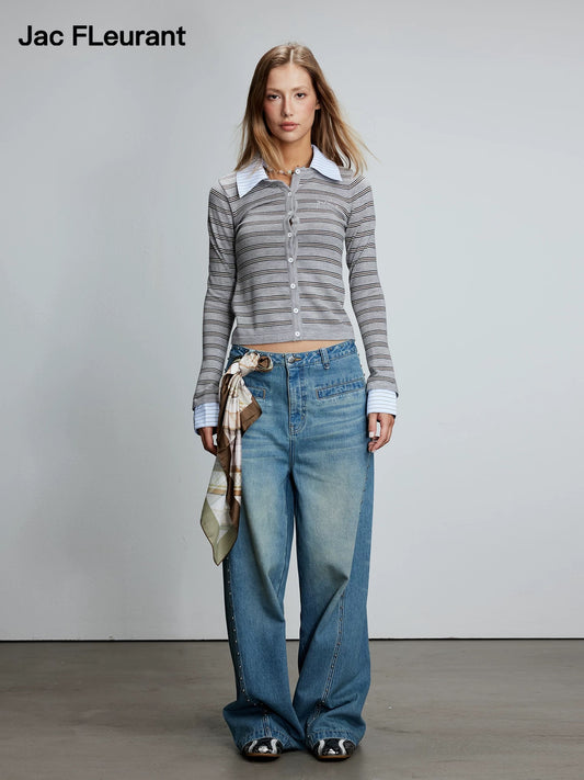 Shirt Collar and Denim Collar Patchwork Cardigan