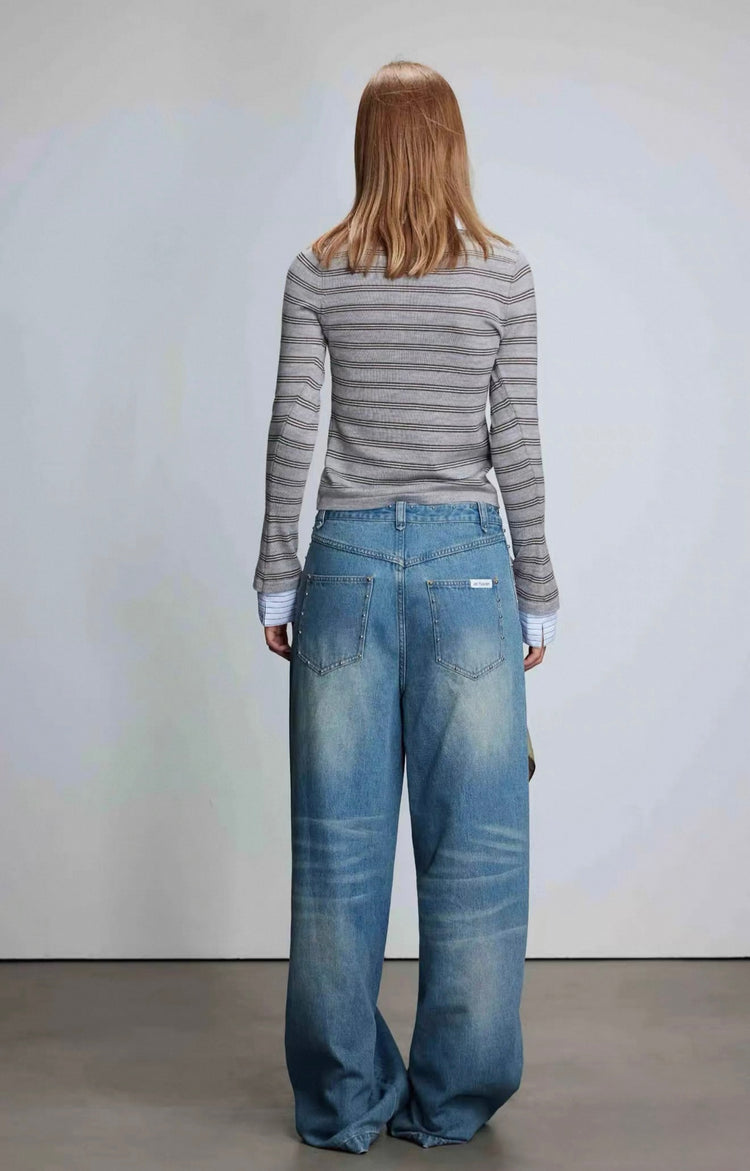 Shirt Collar and Denim Collar Patchwork Cardigan