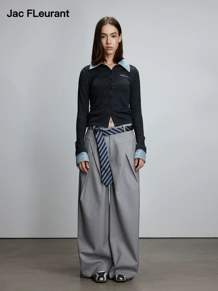 Shirt Collar and Denim Collar Patchwork Cardigan