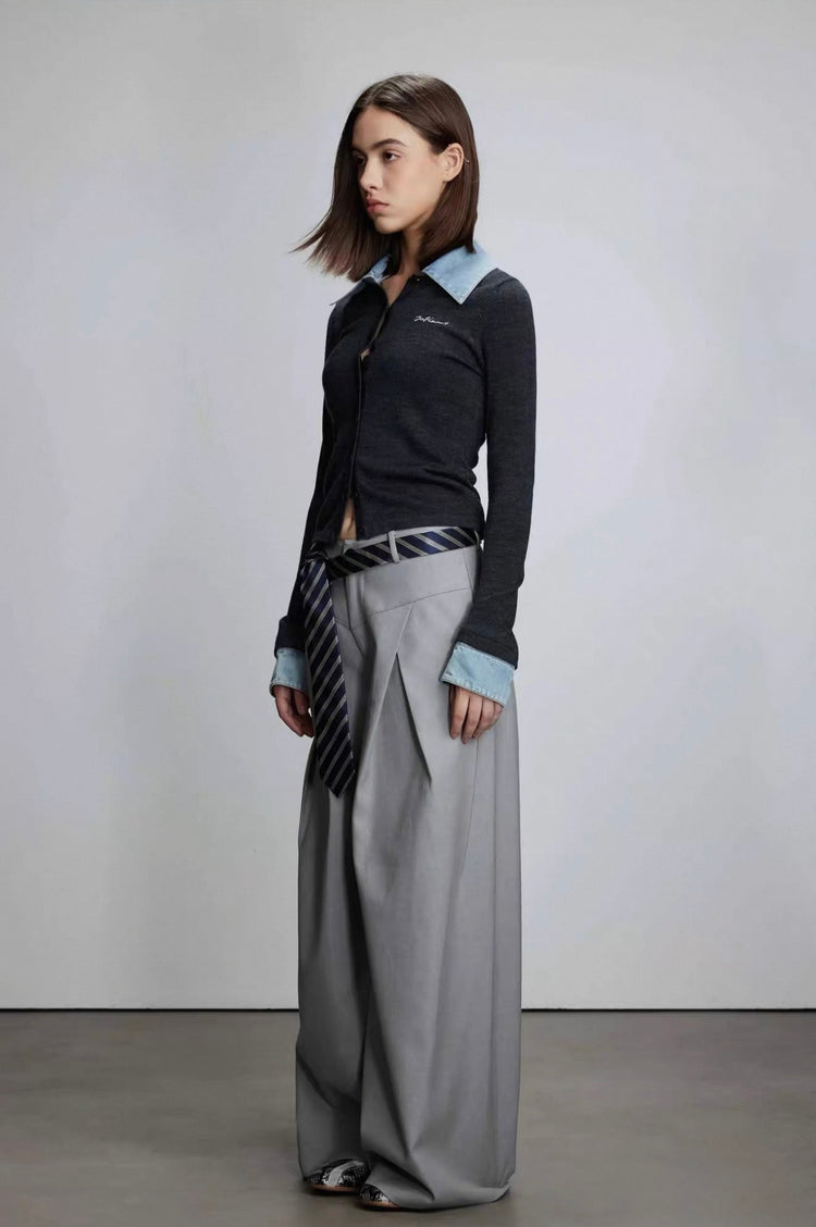 Shirt Collar and Denim Collar Patchwork Cardigan