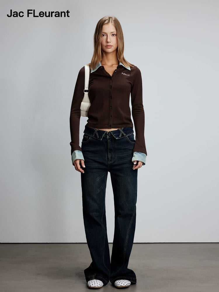 Shirt Collar and Denim Collar Patchwork Cardigan