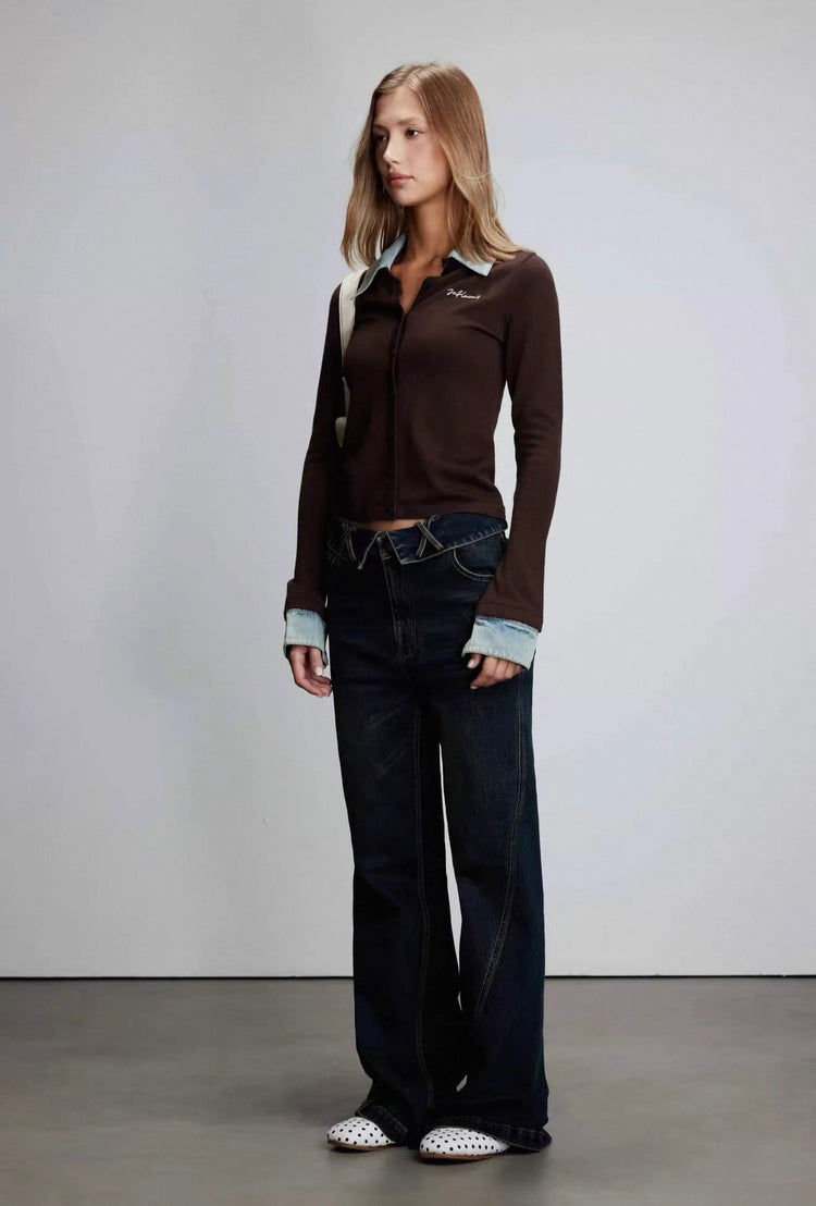Shirt Collar and Denim Collar Patchwork Cardigan
