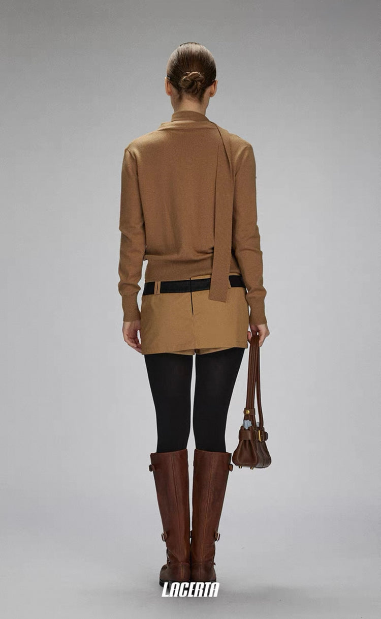 V-neck Two-in-one Style Knitted Ribbon Cardigan
