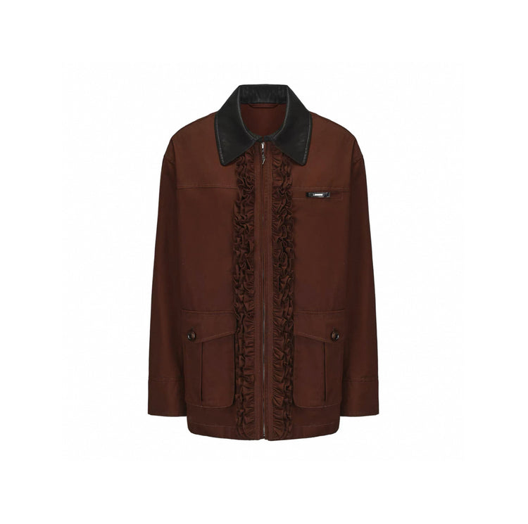 Leather Collar Lace-trimmed Placket Short Coat