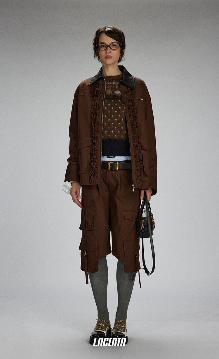 Leather Collar Lace-trimmed Placket Short Coat