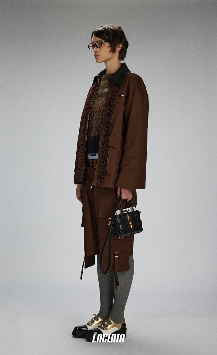 Leather Collar Lace-trimmed Placket Short Coat