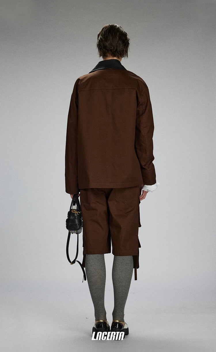 Leather Collar Lace-trimmed Placket Short Coat