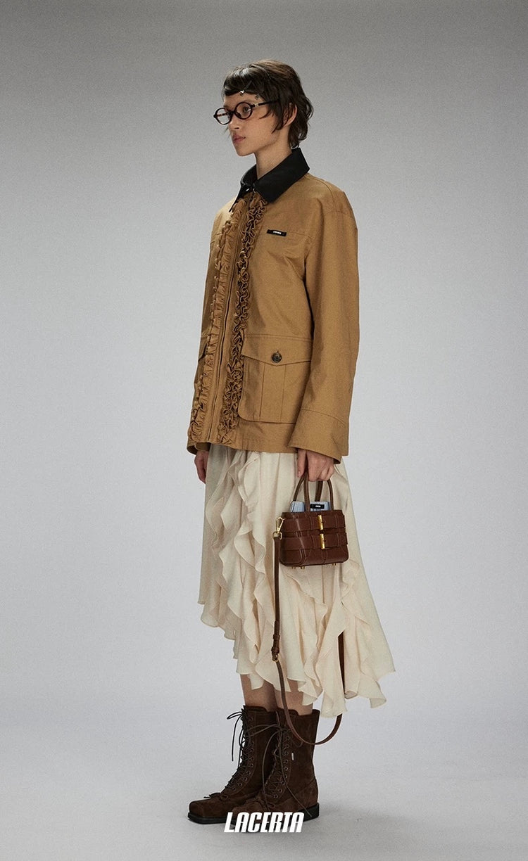 Leather Collar Lace-trimmed Placket Short Coat