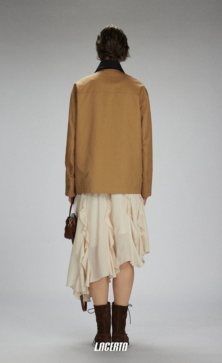 Leather Collar Lace-trimmed Placket Short Coat
