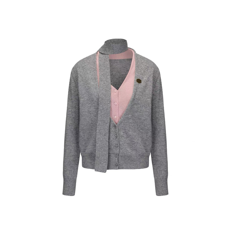 V-neck Two-in-one Style Knitted Ribbon Cardigan