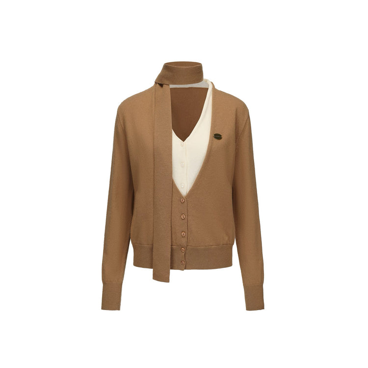 V-neck Two-in-one Style Knitted Ribbon Cardigan