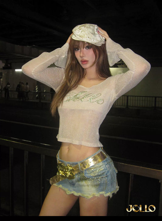 Gold-foil Pocket Coin Button Denim Skirt