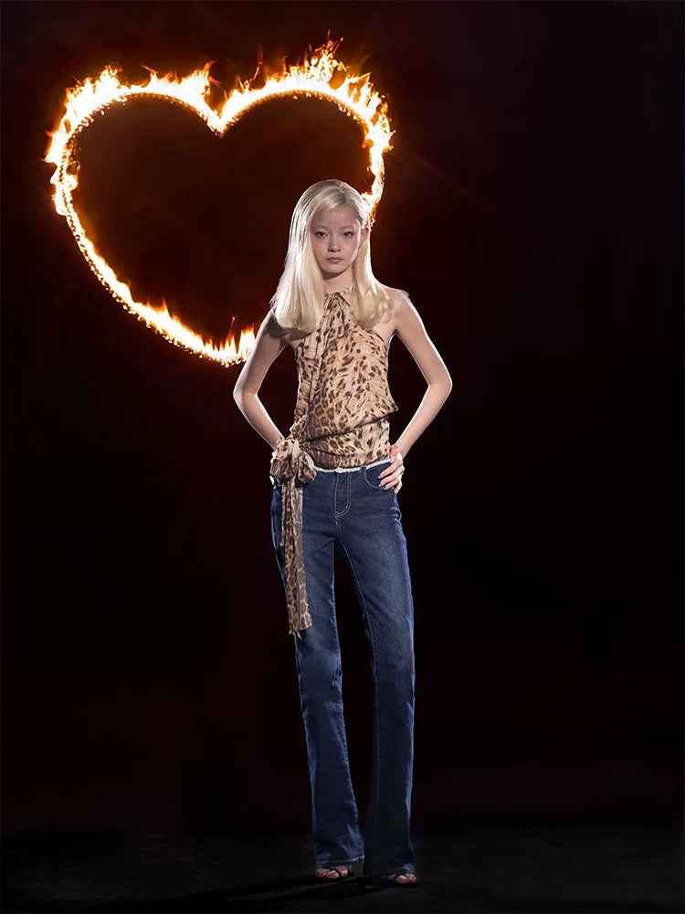 Leopard Print Rhinestone Chain Halter Top