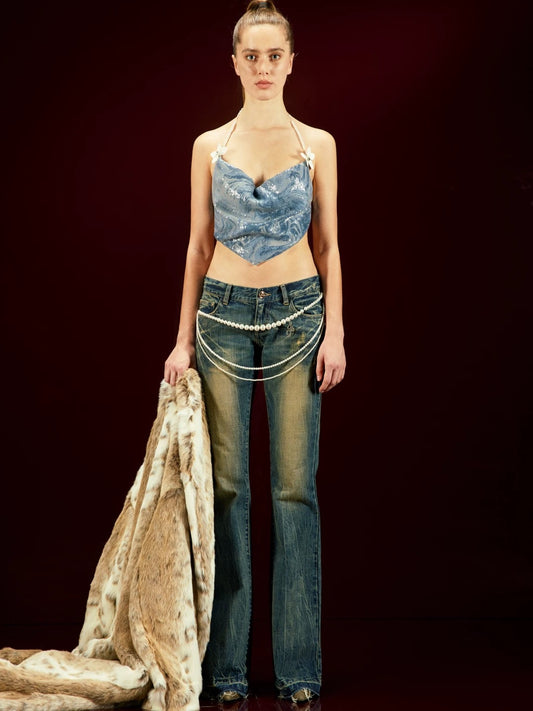 Gold Thread Embroidered Studded Flared Jeans