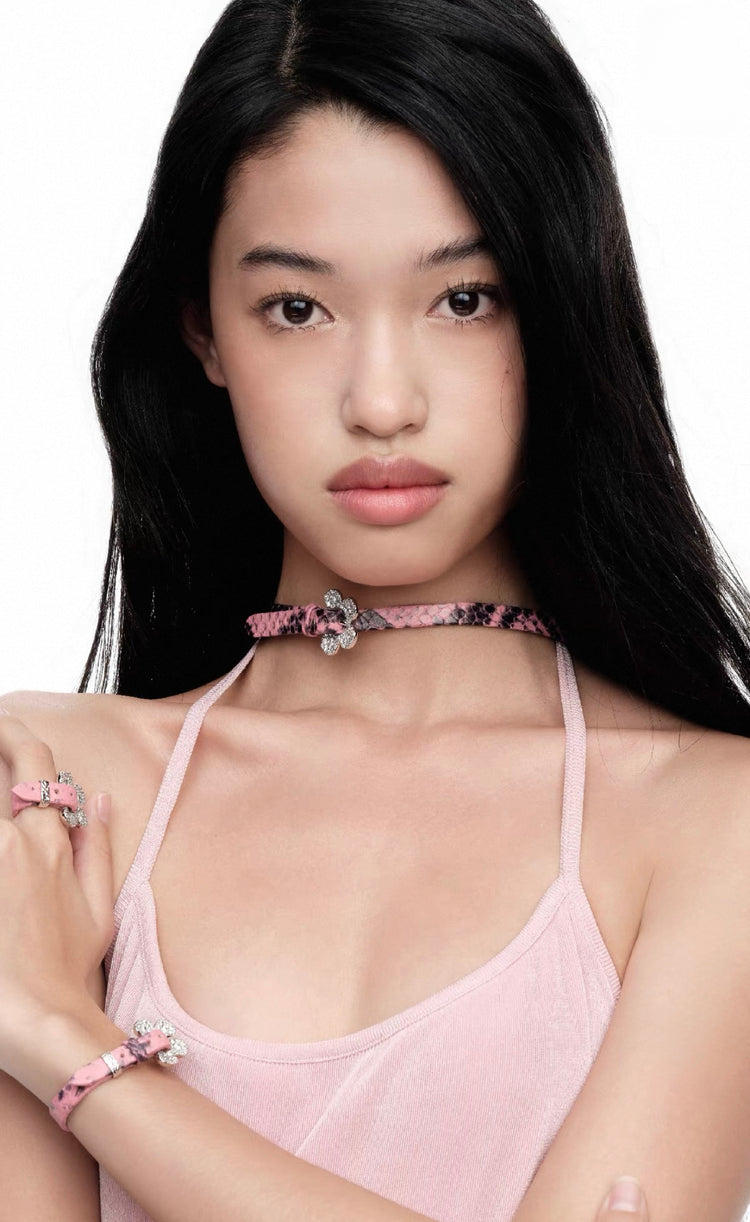 Pavé Floral Buckle Leather Choker