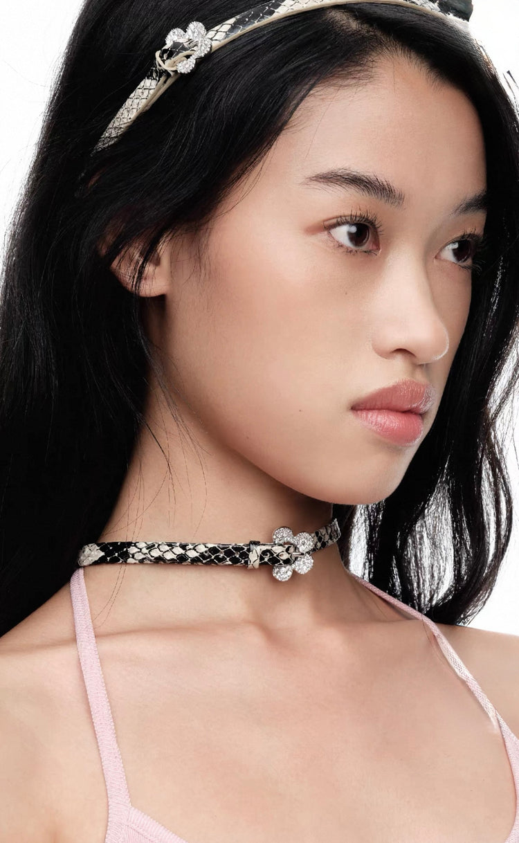 Pavé Floral Buckle Leather Choker