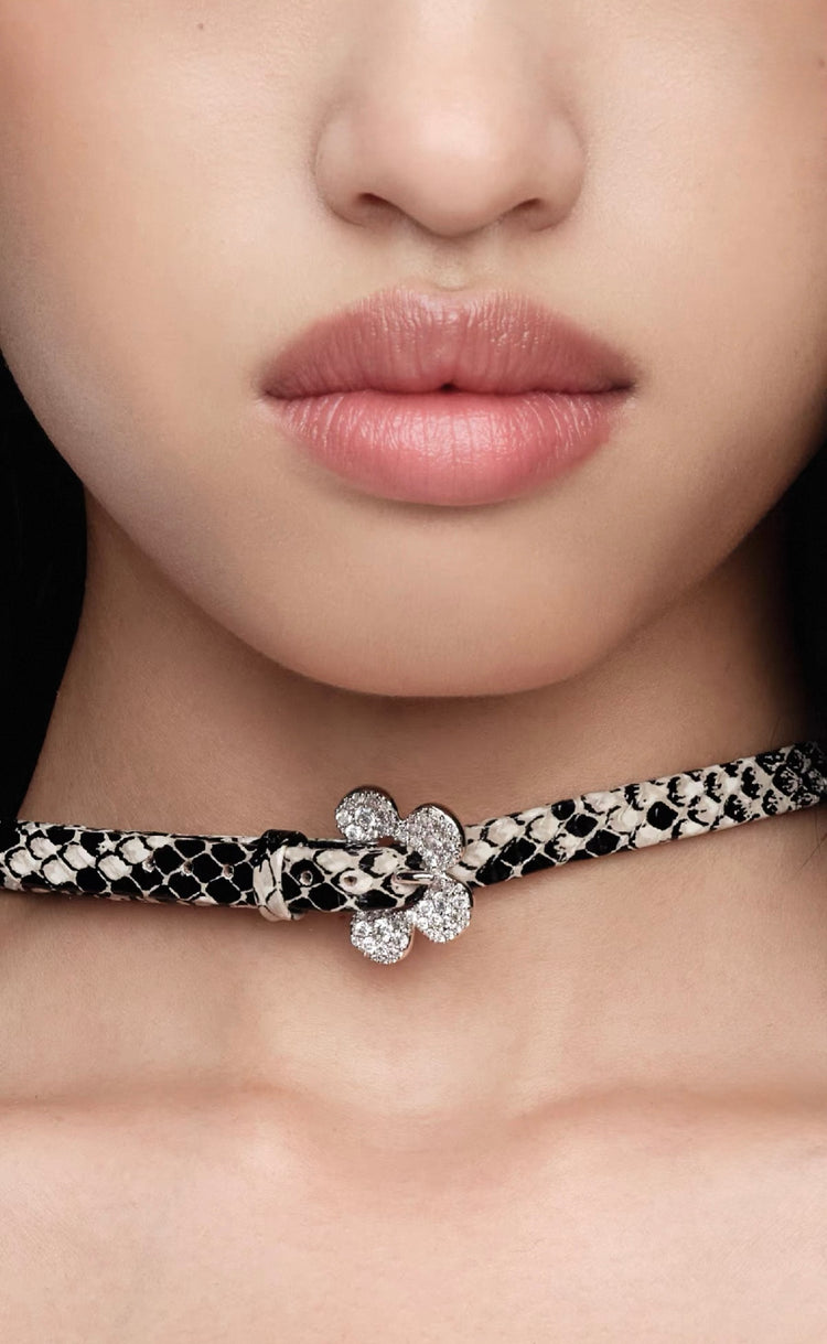 Pavé Floral Buckle Leather Choker