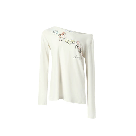 Colorful Logo One-Shoulder Long-Sleeve Top